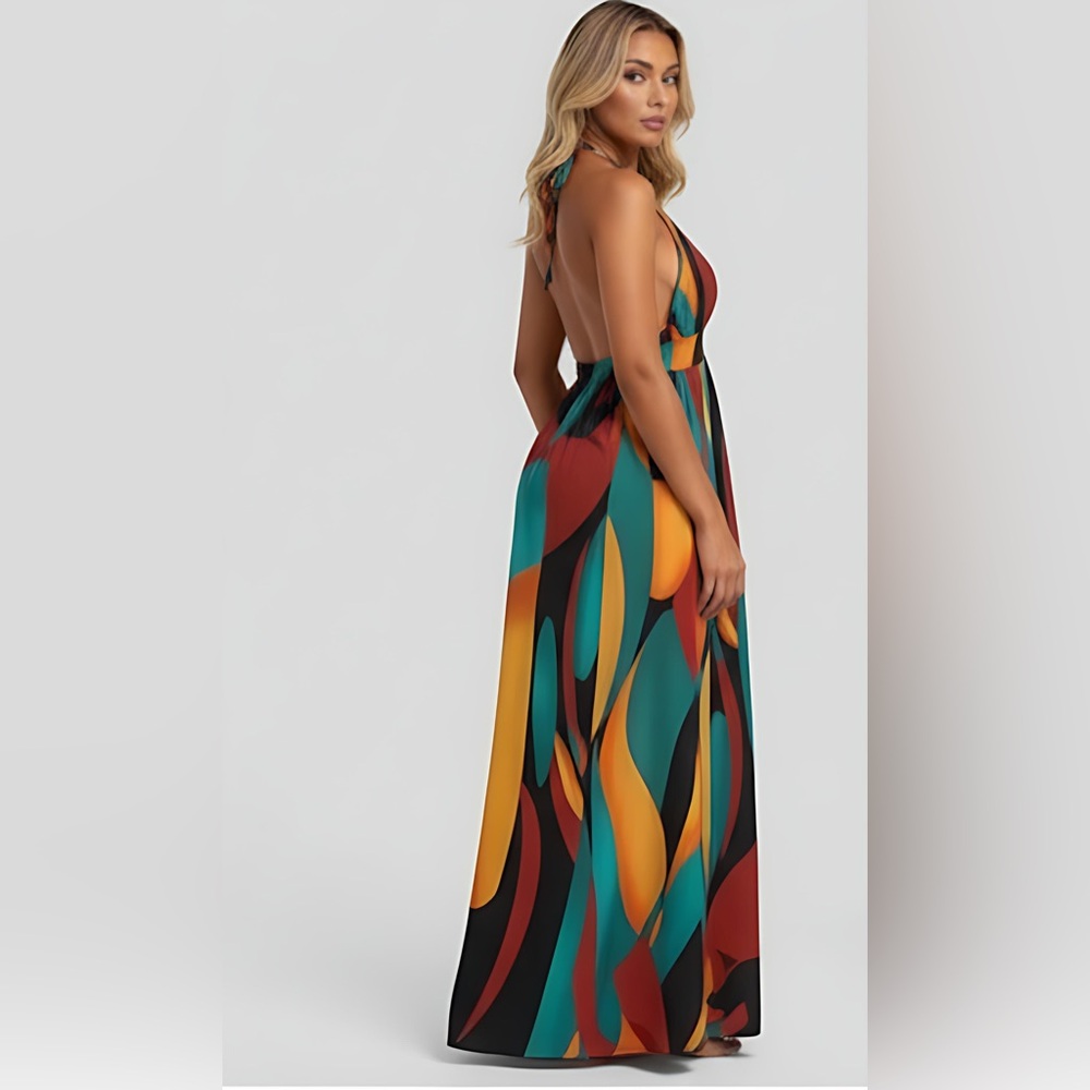 Boho Grahpic Print Cami Double Split Thigh Maxi Dress - Picture 4 of 9
